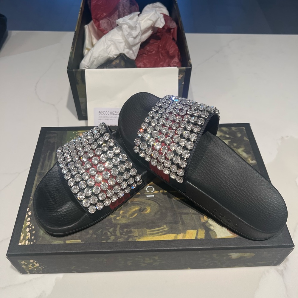 Crystal Embellished Black Slide Sandals